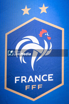 2023-09-06 - Illustration of the official logo of the French team during the press conference of the French team ahead of the UEFA Euro 2024, European Qualifiers football match between France and Ireland, on September 6, 2023 at Parc des Princes Stadium in Paris, France - FOOTBALL - FRANCE V REPUBLIC OF IRELAND - TRAINING AND PRESS CONFERENCE - UEFA EUROPEAN - SOCCER