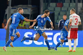 2023-10-14 - Giacomo Bonaventura of Italy celebrates after scoring a goal with Domenico Berardi of Italy - UEFA EURO 2024 QUALIFIERS - ITALY VS MALTA - UEFA EUROPEAN - SOCCER