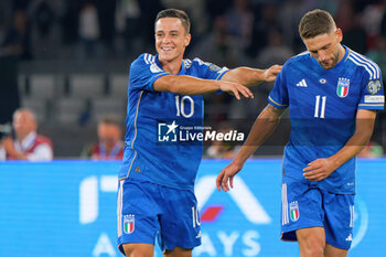 2023-10-14 - Domenico Berardi of Italy celebrates after scoring a goal with Giacomo Raspadori of Italy - UEFA EURO 2024 QUALIFIERS - ITALY VS MALTA - UEFA EUROPEAN - SOCCER