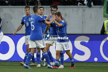 2023-10-17 - Italy players jubilates after scoring the goal during Italy U21  vs Norway U21, 3° match of European Qualifiers 2025 group A, game at GNerone Claudio Druso in Bolzano - Bolzen (BZ), Italy, on October 17, 2023. - 2025 UEFA EURO UNDER 21 QUALIFIERS - ITALY VS NORWAY - UEFA EUROPEAN - SOCCER