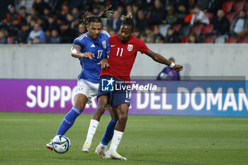 2023-10-17 - Joel Mugisha of Norway  competes for the ball with Cher Ndour of Italy during Italy U21  vs Norway U21, 3° match of European Qualifiers 2025 group A, game at GNerone Claudio Druso in Bolzano - Bolzen (BZ), Italy, on October 17, 2023. - 2025 UEFA EURO UNDER 21 QUALIFIERS - ITALY VS NORWAY - UEFA EUROPEAN - SOCCER