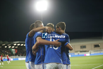 2023-10-17 - Francesco Pio Esposito of Italy  celebrates with team the goal during Italy U21  vs Norway U21, 3° match of European Qualifiers 2025 group A, game at GNerone Claudio Druso in Bolzano - Bolzen (BZ), Italy, on October 17, 2023. - 2025 UEFA EURO UNDER 21 QUALIFIERS - ITALY VS NORWAY - UEFA EUROPEAN - SOCCER