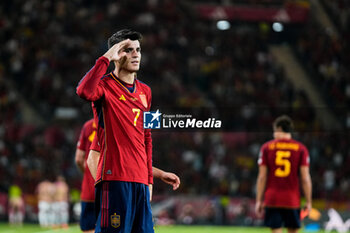 2023-10-12 - Alvaro Morata of Spain celebrates a goal 1-0 during the UEFA EURO 2024, European Qualifiers Group A football match between Spain and Scotland on October 12, 2023 at La Cartuja stadium in Sevilla, Spain - FOOTBALL - EURO 2024 - QUALIFYING - SPAIN V SCOTLAND - UEFA EUROPEAN - SOCCER
