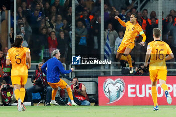 2023-10-16 - Virgil van Dijk of the Netherlands celebrates his goal during the UEFA Euro 2024, Qualifiers Group B football match between Greece and Netherlands on October 16, 2023 at OPAP Arena in Athens, Greece - FOOTBALL - EURO 2024 - QUALIFYING - GREECE V NETHERLANDS - UEFA EUROPEAN - SOCCER