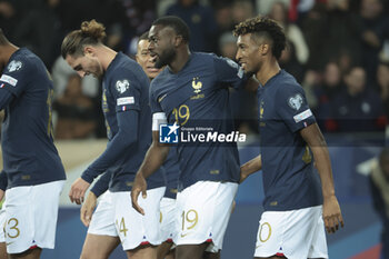 2023-11-18 - Kingsley Coman of France (R) celebrates his goal with Youssouf Fofana, Adrien Rabiot during the UEFA Euro 2024, Qualifiers, Group B football match between France and Gibraltar on November 18, 2023 at Allianz Riviera stadium in Nice, France - FOOTBALL - EURO 2024 - QUALIFYING - FRANCE V GIBRALTAR - UEFA EUROPEAN - SOCCER