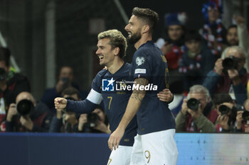 2023-11-18 - Olivier Giroud of France celebrates his goal with Antoine Griezmann (left) during the UEFA Euro 2024, Qualifiers, Group B football match between France and Gibraltar on November 18, 2023 at Allianz Riviera stadium in Nice, France - FOOTBALL - EURO 2024 - QUALIFYING - FRANCE V GIBRALTAR - UEFA EUROPEAN - SOCCER