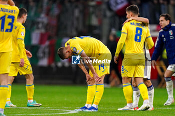 2023-11-20 - Danylo Sikan of Ukraine looks dejected after draw during the UEFA Euro 2024, Qualifiers Group C football match between Ukraine and Italy on November 20, 2023 at BayArena in Leverkusen, Germany - FOOTBALL - EURO 2024 - QUALIFYING - UKRAINE V ITALY - UEFA EUROPEAN - SOCCER