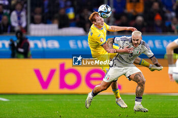 2023-11-20 - Yukhym Konoplia of Ukraine and Federico Dimarco of Italy during the UEFA Euro 2024, Qualifiers Group C football match between Ukraine and Italy on November 20, 2023 at BayArena in Leverkusen, Germany - FOOTBALL - EURO 2024 - QUALIFYING - UKRAINE V ITALY - UEFA EUROPEAN - SOCCER