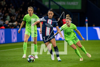 2023-03-22 - Kathrin Hendrich of VFL Wolfsburg, Sakina Karchaoui of Paris Saint Germain and Svenja Huth of VFL Wolfsburg fight for the ball during the UEFA Women's Champions League, Quarter-finals, 1st leg football match between Paris Saint-Germain and VfL Wolfsburg on March 22, 2023 at Parc des Princes stadium in Paris, France - FOOTBALL - WOMEN'S CHAMPIONS LEAGUE - PARIS SG V WOLFSBURG - UEFA CHAMPIONS LEAGUE WOMEN - SOCCER