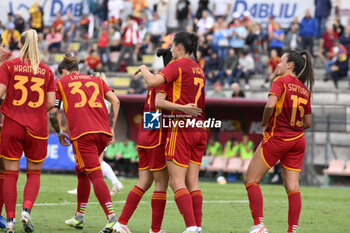 2023-10-18 - Evelyne Viens of A.S. Roma Women celebrates after scoring 0-1 during the Round 2, second leg of the UEFA Women's Champions League between F.C. Vorskla vs A.S. Roma, 18 October 2023 at the Stadio Tre Fontane in Rome, Italy. - AS ROMA VS FC VORSKLA - UEFA CHAMPIONS LEAGUE WOMEN - SOCCER