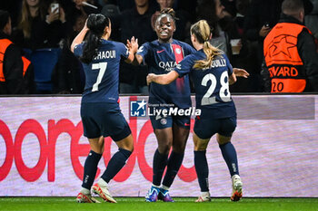 2023-10-18 - Sandy BALTIMORE of PSG celebrate his goal with Sakina KARCHAOUI of PSG and Jade LE GUILLY of PSG during the UEFA Women's Champions League, Round 2, 2nd leg football match between Paris Saint-Germain and Manchester United on October 18, 2023 at Parc des Princes stadium in Paris, France - FOOTBALL - WOMEN'S CHAMPIONS LEAGUE - PARIS SG V MANCHESTER UNITED - UEFA CHAMPIONS LEAGUE WOMEN - SOCCER