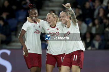 2023-10-18 - Lisa Naalsund of Manchester United celebrates her goal between Melvine Malard and Leah Galton of Manchester United during the UEFA Women's Champions League, Round 2, 2nd leg football match between Paris Saint-Germain and Manchester United on October 18, 2023 at Parc des Princes stadium in Paris, France - FOOTBALL - WOMEN'S CHAMPIONS LEAGUE - PARIS SG V MANCHESTER UNITED - UEFA CHAMPIONS LEAGUE WOMEN - SOCCER