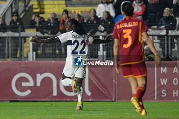 2023-12-20 - Tabitha Chawinga of Paris Saint-Germain celebrates after scoring the goal 0-1 during the UEFA Women’s Champions League 2023/24 group stage group C match between  AS Roma vs Paris Saint Germain FC at the Tre Fontane stadium Rome on 20 December 2023. - ROMA VS PARIS SAINT-GERMAIN - UEFA CHAMPIONS LEAGUE WOMEN - SOCCER