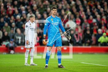 2023-02-21 - Real Madrid goalkeeper Thibaut Courtois during the UEFA Champions League, Round of 16, 1st leg football match between Liverpool and Real Madrid on 21 February 2023 at Anfield in Liverpool, England - FOOTBALL - CHAMPIONS LEAGUE - LIVERPOOL V REAL MADRID - UEFA CHAMPIONS LEAGUE - SOCCER
