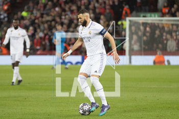 2023-02-21 - Real Madrid forward Karim Benzema during the UEFA Champions League, Round of 16, 1st leg football match between Liverpool and Real Madrid on 21 February 2023 at Anfield in Liverpool, England - FOOTBALL - CHAMPIONS LEAGUE - LIVERPOOL V REAL MADRID - UEFA CHAMPIONS LEAGUE - SOCCER