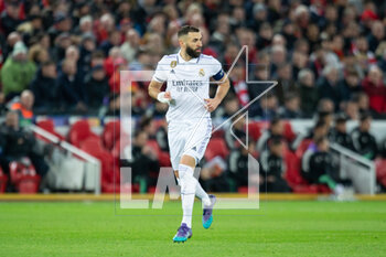 2023-02-21 - Real Madrid forward Karim Benzema during the UEFA Champions League, Round of 16, 1st leg football match between Liverpool and Real Madrid on 21 February 2023 at Anfield in Liverpool, England - FOOTBALL - CHAMPIONS LEAGUE - LIVERPOOL V REAL MADRID - UEFA CHAMPIONS LEAGUE - SOCCER