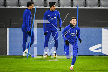 2023-03-07 - MARQUINHOS of PSG, Kylian MBAPPE of PSG and Lionel (Leo) MESSI of PSG during the training of the Paris Saint-Germain team ahead of the UEFA Champions League football match on March 7, 2023 at Allianz Arena in Munich, Germany - FOOTBALL - BAYERN MUNICH V PARIS SG - TRAINING AND PRESS CONFERENCE - UEFA CHAMPIONS LEAGUE - SOCCER