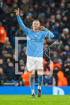 2023-03-14 - Erling Haaland of Manchester City celebrates a goal 1-0 during the UEFA Champions League, Round of 16, 2nd leg football match between Manchester City and RB Leipzig on 14 March 2023 at the Etihad Stadium in Manchester, England - FOOTBALL - CHAMPIONS LEAGUE - MANCHESTER CITY V RB LEIPZIG - UEFA CHAMPIONS LEAGUE - SOCCER