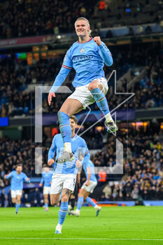 2023-03-14 - Erling Haaland of Manchester City celebrates a goal 5-0 during the UEFA Champions League, Round of 16, 2nd leg football match between Manchester City and RB Leipzig on 14 March 2023 at the Etihad Stadium in Manchester, England - FOOTBALL - CHAMPIONS LEAGUE - MANCHESTER CITY V RB LEIPZIG - UEFA CHAMPIONS LEAGUE - SOCCER