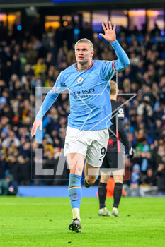 2023-03-14 - Erling Haaland of Manchester City celebrates a goal 6-0 during the UEFA Champions League, Round of 16, 2nd leg football match between Manchester City and RB Leipzig on 14 March 2023 at the Etihad Stadium in Manchester, England - FOOTBALL - CHAMPIONS LEAGUE - MANCHESTER CITY V RB LEIPZIG - UEFA CHAMPIONS LEAGUE - SOCCER