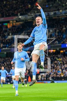 2023-03-14 - Erling Haaland of Manchester City celebrates a goal 5-0 during the UEFA Champions League, Round of 16, 2nd leg football match between Manchester City and RB Leipzig on 14 March 2023 at the Etihad Stadium in Manchester, England - FOOTBALL - CHAMPIONS LEAGUE - MANCHESTER CITY V RB LEIPZIG - UEFA CHAMPIONS LEAGUE - SOCCER
