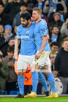 2023-03-14 - Ilkay Gundogan of Manchester City is congratulated by Kevin De Brunye of Manchester City after scoring a goal 4-0 during the UEFA Champions League, Round of 16, 2nd leg football match between Manchester City and RB Leipzig on 14 March 2023 at the Etihad Stadium in Manchester, England - FOOTBALL - CHAMPIONS LEAGUE - MANCHESTER CITY V RB LEIPZIG - UEFA CHAMPIONS LEAGUE - SOCCER