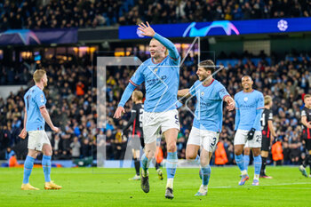 2023-03-14 - Erling Haaland of Manchester City celebrates a goal 6-0 during the UEFA Champions League, Round of 16, 2nd leg football match between Manchester City and RB Leipzig on 14 March 2023 at the Etihad Stadium in Manchester, England - FOOTBALL - CHAMPIONS LEAGUE - MANCHESTER CITY V RB LEIPZIG - UEFA CHAMPIONS LEAGUE - SOCCER