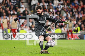 2023-03-15 - Alisson Becker of Liverpool during the UEFA Champions League, Round of 16, 2nd leg football match between Real Madrid CF and Liverpool FC on March 15, 2023 at Santiago Bernabeu stadium in Madrid, Spain - FOOTBALL - CHAMPIONS LEAGUE - REAL MADRID V LIVERPOOL - UEFA CHAMPIONS LEAGUE - SOCCER