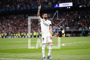 2023-03-15 - Karim Benzema of Real Madrid celebrates a goal 1-0 during the UEFA Champions League, Round of 16, 2nd leg football match between Real Madrid CF and Liverpool FC on March 15, 2023 at Santiago Bernabeu stadium in Madrid, Spain - FOOTBALL - CHAMPIONS LEAGUE - REAL MADRID V LIVERPOOL - UEFA CHAMPIONS LEAGUE - SOCCER