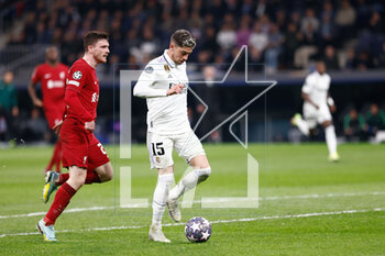 2023-03-15 - Federico Valverde of Real Madrid and Andrew Robertson of Liverpool during the UEFA Champions League, Round of 16, 2nd leg football match between Real Madrid CF and Liverpool FC on March 15, 2023 at Santiago Bernabeu stadium in Madrid, Spain - FOOTBALL - CHAMPIONS LEAGUE - REAL MADRID V LIVERPOOL - UEFA CHAMPIONS LEAGUE - SOCCER