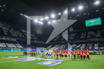 2023-04-19 - FC Internazionale supporters choreography is seen as the teams and officials line up during the UEFA Champions League 2022/23 Quarter-Finals - 2nd leg football match between FC Internazionale and SL Benfica at Giuseppe Meazza Stadium, Milan, Italy on April 19, 2023 - INTER - FC INTERNAZIONALE VS BENFICA - UEFA CHAMPIONS LEAGUE - SOCCER