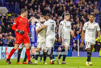 2023-04-19 - Real Madrid players congratulate Thibaut Courtois (1) of Real Madrid for his save from Marc Cucurella (32) of Chelsea during the UEFA Champions League, Quarter-finals, 2nd leg football match between Chelsea and Real Madrid on 18 April 2023 at Stamford Bridge in London, England - FOOTBALL - CHAMPIONS LEAGUE - CHELSEA V REAL MADRID - UEFA CHAMPIONS LEAGUE - SOCCER