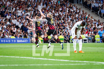 2023-05-09 - Erling Haaland (Manchester City) and Kevin De Bruyne (Manchester City) celebrate a goal during the football match between
Real Madrid and Manchester City valid for the semi final of the Uefa Champion’s League celebrated in Madrid, Spain at Bernabeu Stadium on Tuesday 09 May 2023 - SEMIFINAL - REAL MADRID VS MANCHESTER CITY - UEFA CHAMPIONS LEAGUE - SOCCER