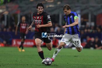 2023-05-10 - Nicolo Barella of FC Internazionale competes for the ball with Sandro Tonali of AC Milan during UEFA Champions League 2022/23 Semi-Final 1st  leg football match between AC Milan and FC Internazionale at San Siro Stadium, Milan, Italy on May 10, 2023 - SEMIFINAL - AC MILAN VS INTER - FC INTERNAZIONALE - UEFA CHAMPIONS LEAGUE - SOCCER
