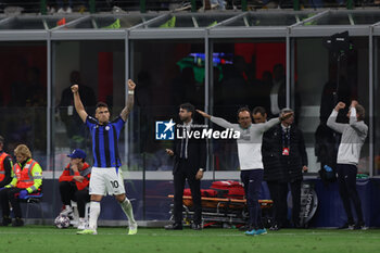 2023-05-10 - Lautaro Martinez of FC Internazionale celebrates the victory at the end of the match during UEFA Champions League 2022/23 Semi-Final 1st  leg football match between AC Milan and FC Internazionale at San Siro Stadium, Milan, Italy on May 10, 2023 - SEMIFINAL - AC MILAN VS INTER - FC INTERNAZIONALE - UEFA CHAMPIONS LEAGUE - SOCCER