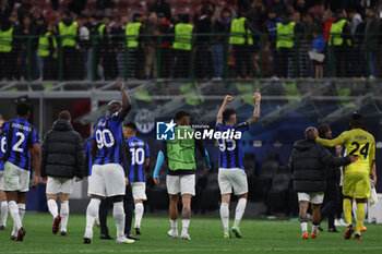 2023-05-10 - Romelu Lukaku of FC Internazionale and Alessandro Bastoni of FC Internazionale celebrate the victory at the end of the match during UEFA Champions League 2022/23 Semi-Final 1st  leg football match between AC Milan and FC Internazionale at San Siro Stadium, Milan, Italy on May 10, 2023 - SEMIFINAL - AC MILAN VS INTER - FC INTERNAZIONALE - UEFA CHAMPIONS LEAGUE - SOCCER