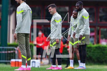 2023-05-09 - Brahim Diaz of AC Milan (C) smiling during the AC Milan training session at Milanello Sports Center ahead of their UEFA Champions League semi-final first leg match against FC Internazionale at San Siro Stadium, Milan, Italy on May 09, 2023 - AC MILAN TRAINING SESSION BEFORE THE MATCH AGAINST INTER - INTERNAZIONALE - UEFA CHAMPIONS LEAGUE - SOCCER
