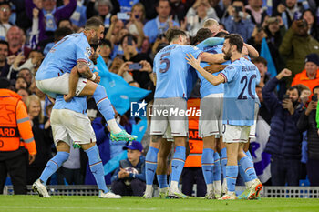 2023-05-18 - Manuel Akanji (25) of Manchester City scores a goal and celebrates with team mates 3-0 during the UEFA Champions League, Semi-finals, 2nd leg football match between Manchester City and Real Madrid on 17 May 2023 at the Etihad Stadium in Manchester, England - FOOTBALL - CHAMPIONS LEAGUE - MANCHESTER CITY V REAL MADRID - UEFA CHAMPIONS LEAGUE - SOCCER