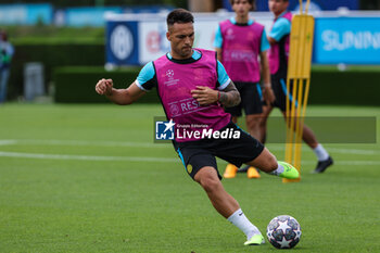 2023-06-05 - Lautaro Martinez of FC Internazionale in action during the UEFA Champions League Final media day of FC Internazionale training session at Suning Training Center ahead of their UEFA Champions League Final match against Manchester City FC at Suning Training Center, Appiano Gentile, Italy on June 05, 2023 - INTER - FC INTERNAZIONALE TRAINING BEFORE THE 2022-2023 FINAL - UEFA CHAMPIONS LEAGUE - SOCCER