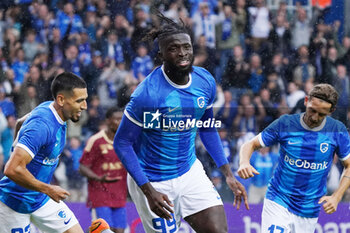 2023-08-02 - Toluwase Arokodare of KRC Genk celebrates after scoring his sides second goal during the UEFA Champions League, Second qualifying round, 2nd leg football match between KRC Genk and Servette FC on August 2, 2023 at the Cegeka Arena in Genk, Belgium - FOOTBALL - CHAMPIONS LEAGUE - KRC GENK V SERVETTE FC - UEFA CHAMPIONS LEAGUE - SOCCER