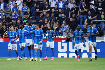 2023-08-02 - Mike Trésor of KRC Genk celebrates after scoring his sides first goal during the UEFA Champions League, Second qualifying round, 2nd leg football match between KRC Genk and Servette FC on August 2, 2023 at the Cegeka Arena in Genk, Belgium - FOOTBALL - CHAMPIONS LEAGUE - KRC GENK V SERVETTE FC - UEFA CHAMPIONS LEAGUE - SOCCER