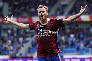 2023-08-02 - Timothé Cognat of Servette FC celebrates after scoring his sides first goal during the UEFA Champions League, Second qualifying round, 2nd leg football match between KRC Genk and Servette FC on August 2, 2023 at the Cegeka Arena in Genk, Belgium - FOOTBALL - CHAMPIONS LEAGUE - KRC GENK V SERVETTE FC - UEFA CHAMPIONS LEAGUE - SOCCER