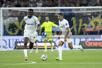 2023-08-16 - Amine Harit, Ismaila Sarr (left) of Marseille during the UEFA Champions League, Third qualifying round, 2nd leg football match between Olympique de Marseille (OM) and Panathinaikos FC (Pana) on August 15, 2023 at Velodrome stadium in Marseille, France - FOOTBALL - CHAMPIONS LEAGUE - MARSEILLE V PANATHINAIKOS - UEFA CHAMPIONS LEAGUE - SOCCER
