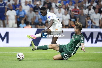 2023-08-16 - Ismaila Sarr of Marseille, Tin Jedvaj of Panathinaikos during the UEFA Champions League, Third qualifying round, 2nd leg football match between Olympique de Marseille (OM) and Panathinaikos FC (Pana) on August 15, 2023 at Velodrome stadium in Marseille, France - FOOTBALL - CHAMPIONS LEAGUE - MARSEILLE V PANATHINAIKOS - UEFA CHAMPIONS LEAGUE - SOCCER