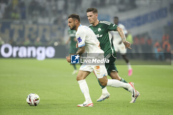 2023-08-16 - Jonathan Clauss of Marseille, Benjamin Verbic of Panathinaikos during the UEFA Champions League, Third qualifying round, 2nd leg football match between Olympique de Marseille (OM) and Panathinaikos FC (Pana) on August 15, 2023 at Velodrome stadium in Marseille, France - FOOTBALL - CHAMPIONS LEAGUE - MARSEILLE V PANATHINAIKOS - UEFA CHAMPIONS LEAGUE - SOCCER
