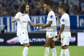 2023-08-16 - Matteo Guendouzi, Pierre-Emerick Aubameyang, Amine Harit of Marseille during the UEFA Champions League, Third qualifying round, 2nd leg football match between Olympique de Marseille (OM) and Panathinaikos FC (Pana) on August 15, 2023 at Velodrome stadium in Marseille, France - FOOTBALL - CHAMPIONS LEAGUE - MARSEILLE V PANATHINAIKOS - UEFA CHAMPIONS LEAGUE - SOCCER