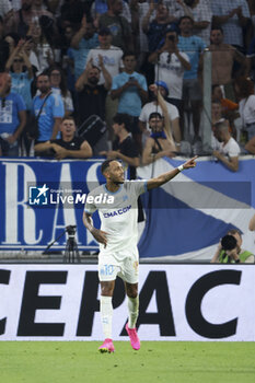 2023-08-16 - Pierre-Emerick Aubameyang of Marseille celebrates his goal during the UEFA Champions League, Third qualifying round, 2nd leg football match between Olympique de Marseille (OM) and Panathinaikos FC (Pana) on August 15, 2023 at Velodrome stadium in Marseille, France - FOOTBALL - CHAMPIONS LEAGUE - MARSEILLE V PANATHINAIKOS - UEFA CHAMPIONS LEAGUE - SOCCER