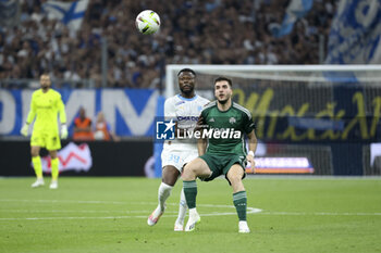 2023-08-16 - Chancel Mbemba of Marseille, Fotios Ioannidis of Panathinaikos during the UEFA Champions League, Third qualifying round, 2nd leg football match between Olympique de Marseille (OM) and Panathinaikos FC (Pana) on August 15, 2023 at Velodrome stadium in Marseille, France - FOOTBALL - CHAMPIONS LEAGUE - MARSEILLE V PANATHINAIKOS - UEFA CHAMPIONS LEAGUE - SOCCER