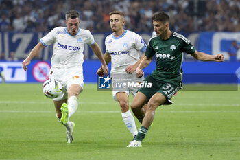2023-08-16 - Jordan Veretout, Valentin Rongier of Marseille, Filip Djuricic of Panathinaikos during the UEFA Champions League, Third qualifying round, 2nd leg football match between Olympique de Marseille (OM) and Panathinaikos FC (Pana) on August 15, 2023 at Velodrome stadium in Marseille, France - FOOTBALL - CHAMPIONS LEAGUE - MARSEILLE V PANATHINAIKOS - UEFA CHAMPIONS LEAGUE - SOCCER