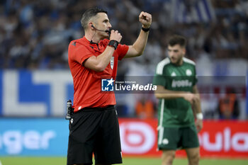 2023-08-16 - Referee Michael Oliver of England during the UEFA Champions League, Third qualifying round, 2nd leg football match between Olympique de Marseille (OM) and Panathinaikos FC (Pana) on August 15, 2023 at Velodrome stadium in Marseille, France - FOOTBALL - CHAMPIONS LEAGUE - MARSEILLE V PANATHINAIKOS - UEFA CHAMPIONS LEAGUE - SOCCER